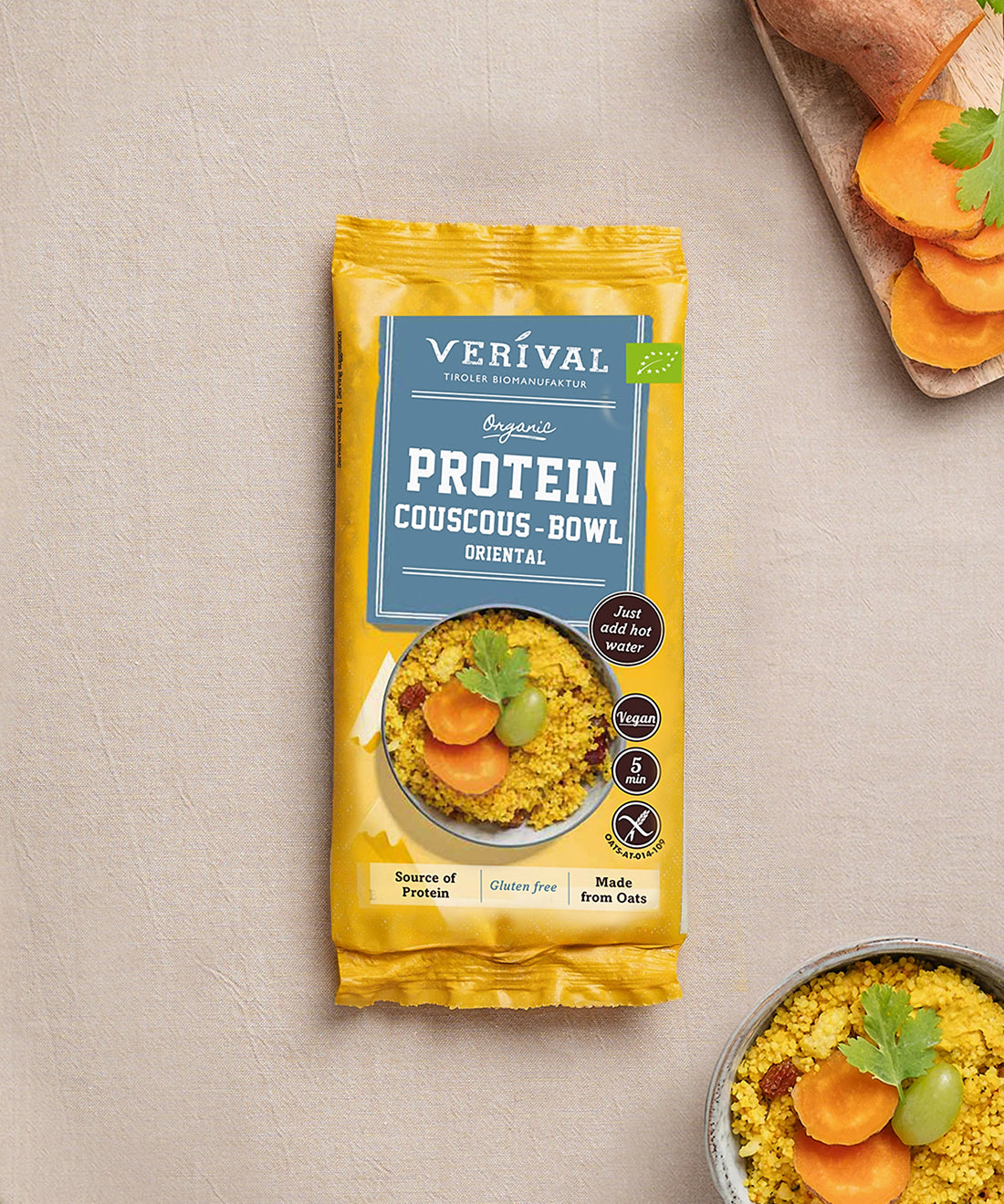 Die Protein-Probierbox Top 10 von Verival Bio enthält 10 verschiedene Einzelportionspackungen von proteinreichen Verival Frühstücksprodukten.
